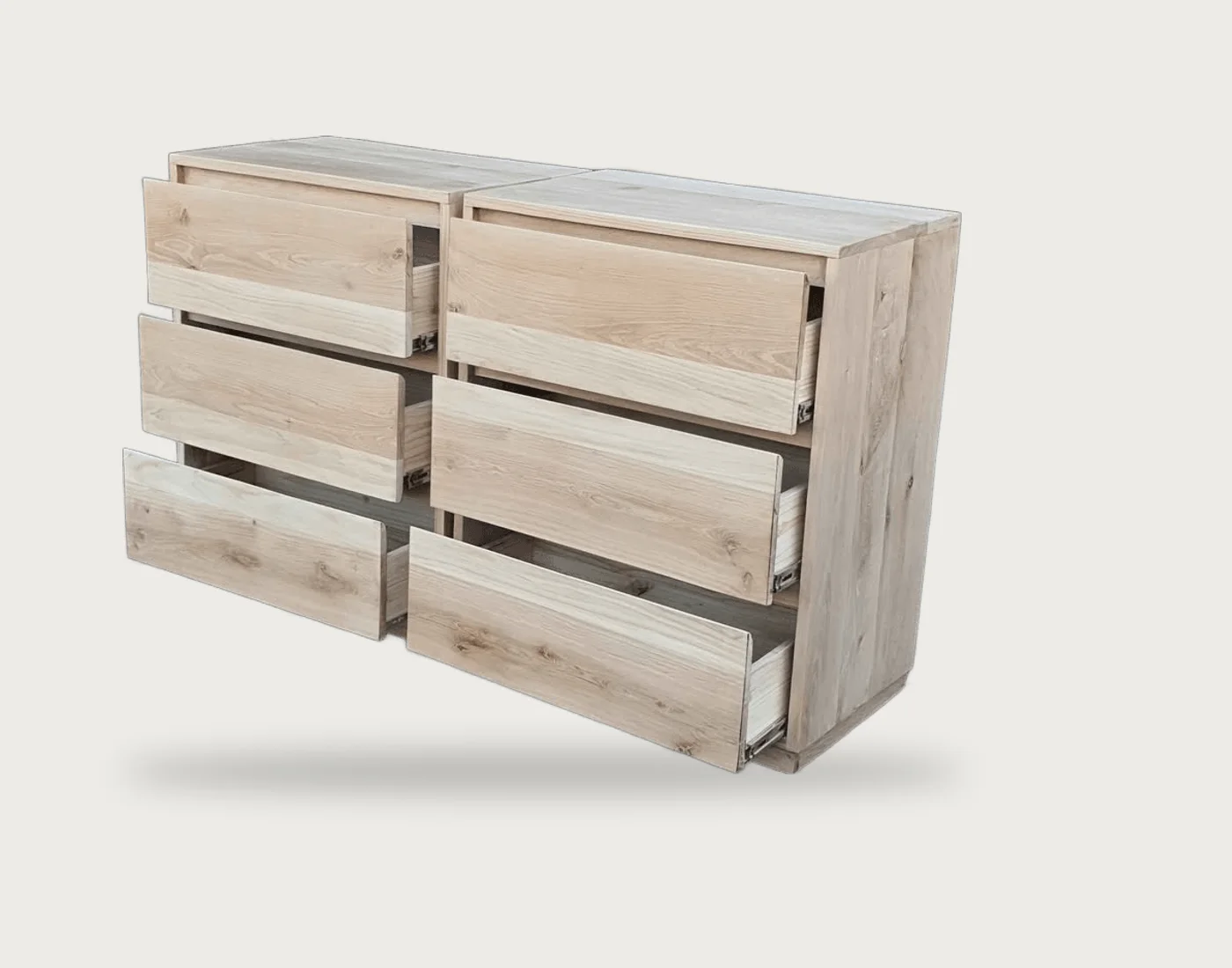 Solid wood chest of drawers with six drawers, some pulled open