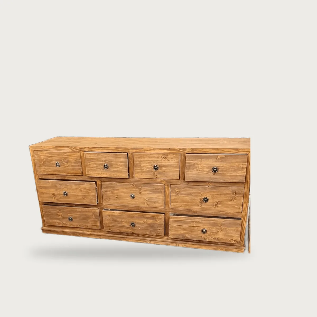 Long dresser, honey finish, with dimensions
