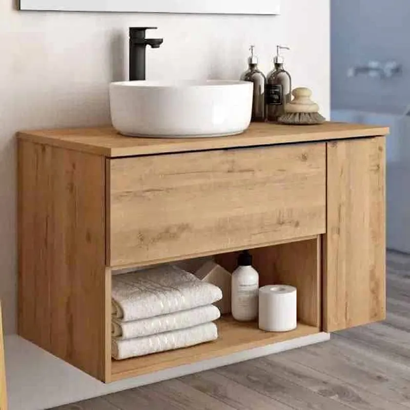 Oak vanity with open shelf