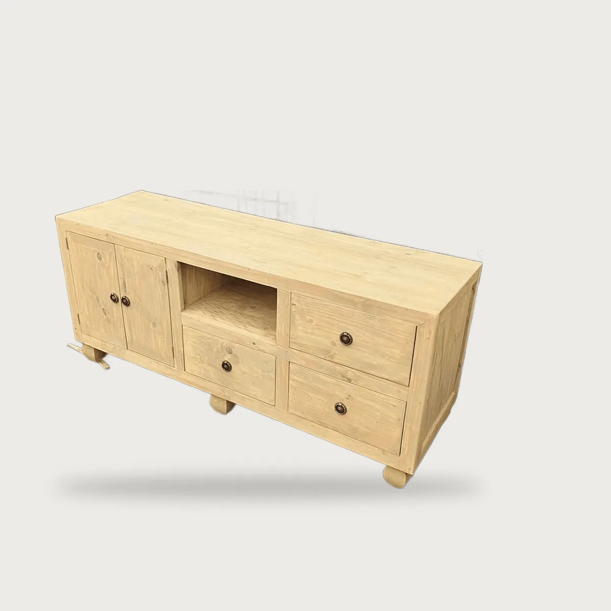 Stained pine TV stand, with dimensions